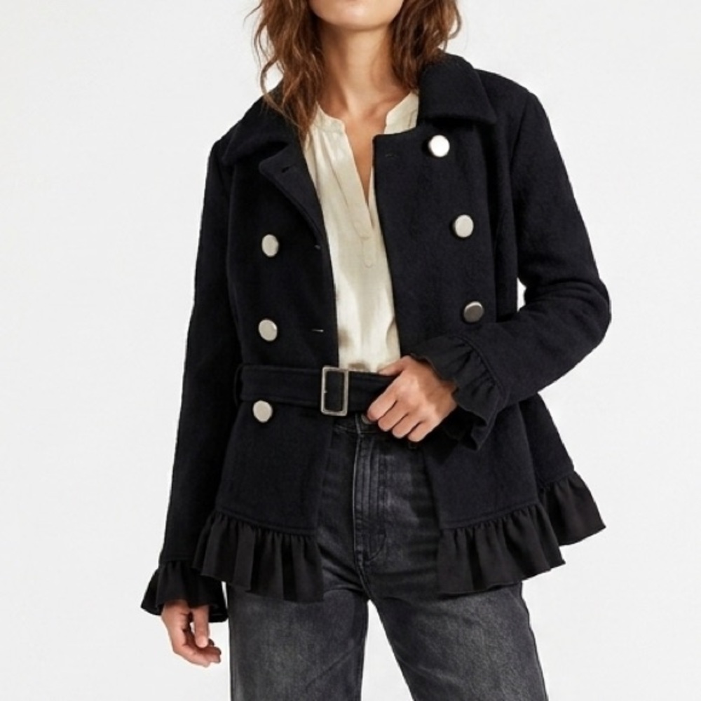 Y2K MAC & JAC Wool Blend Coquette Black Ruffle Belt Peacoat Dark Academia Jacket